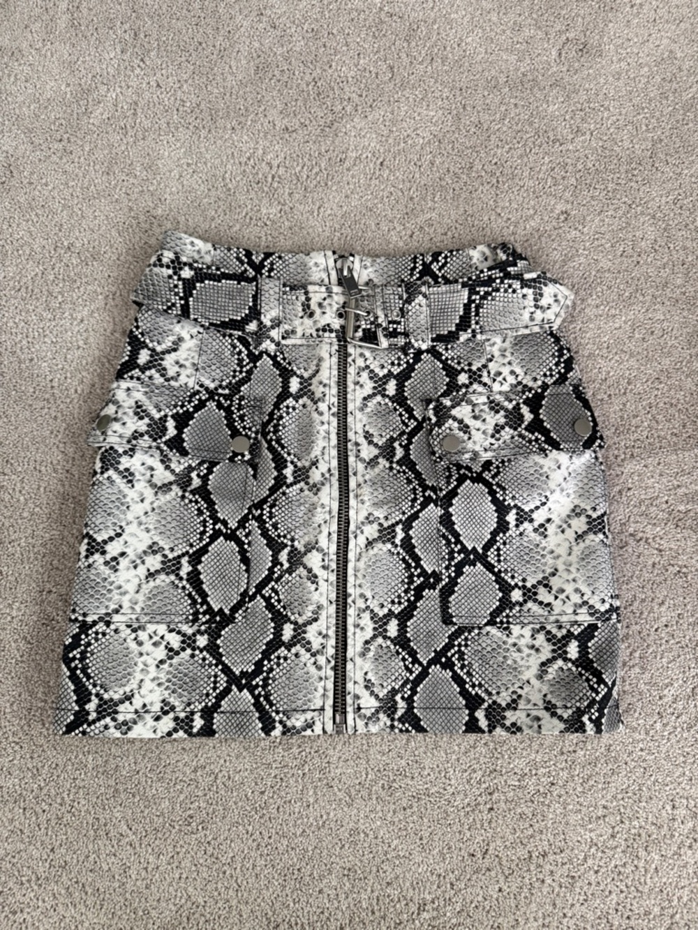 Topshop Leather Black & White Snake-Print Zip Mini Skirt